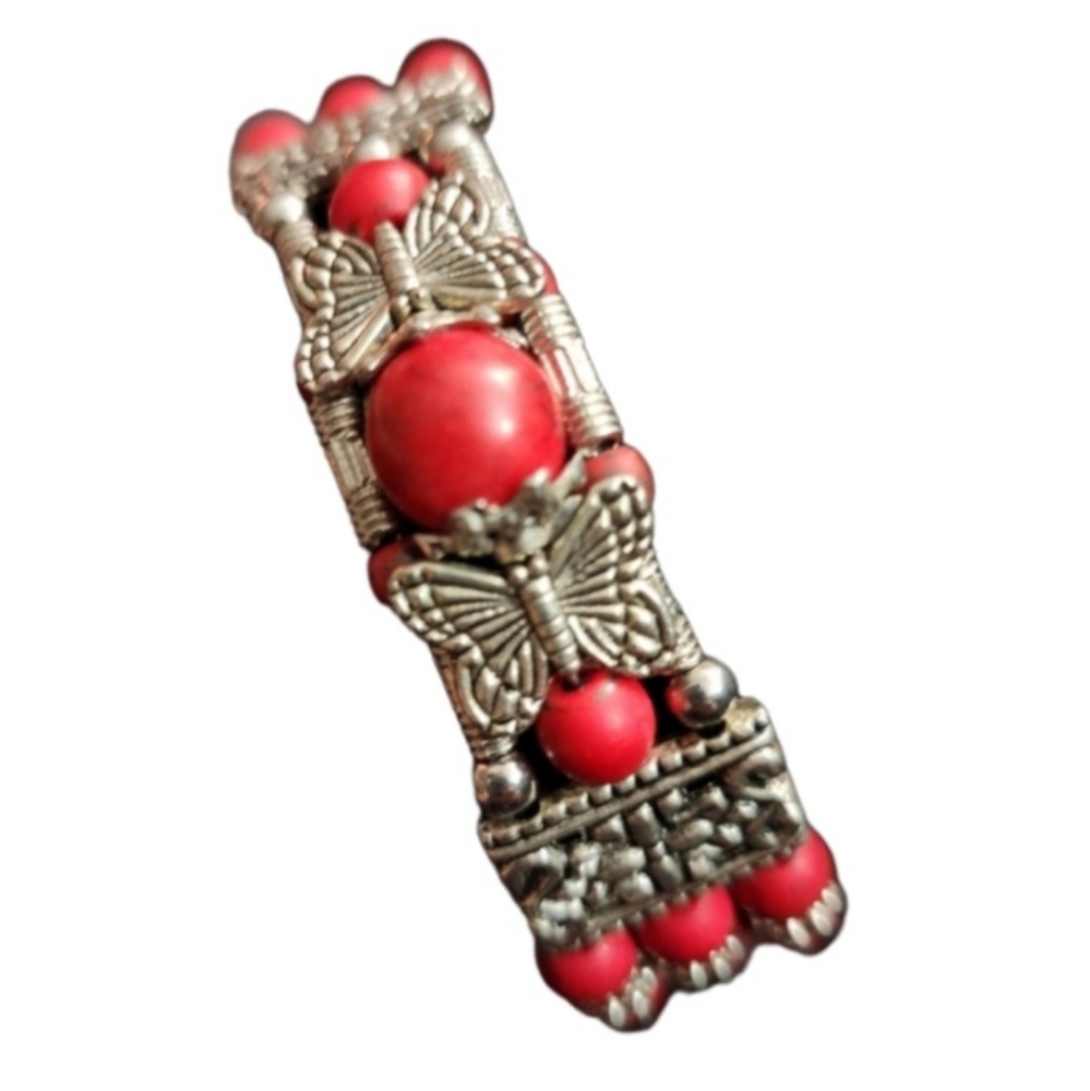 Butterfly Bangle Bracelet Silver Red Bead Beaded Layered Boho Spring Summer